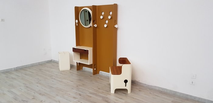 Carlo De Carli for FIARM (Scorzè) - Coat rack console with mirror, chair, accessories drawer and umbrella stand