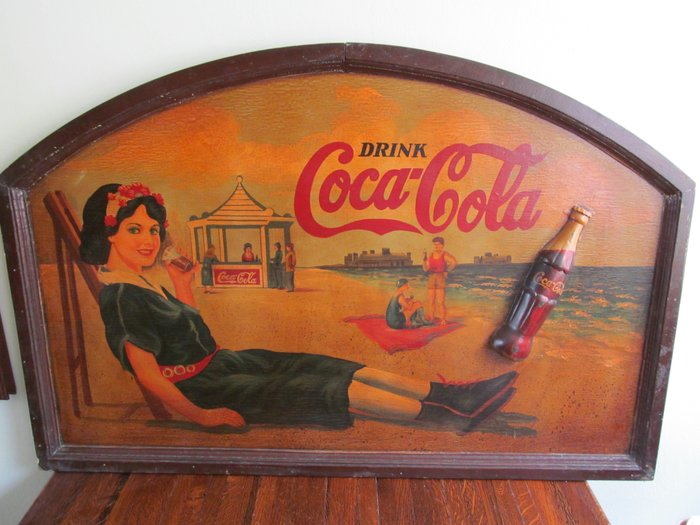 Groot vintage houten Coca Cola reclamebord - jaren 60 
