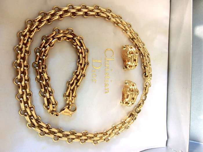 Rarität - Christian Dior Schmuck Set Collier  - Kette Armband Ohrclips - in Gold  - Vintage