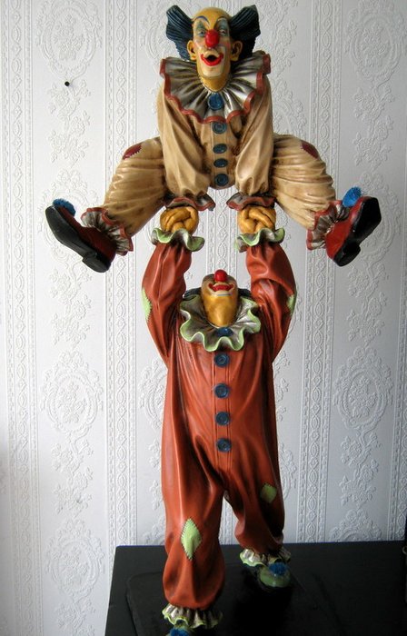 Year 1996 – Great Double Signed Acrobatic Clowns on foot by the Argentinian artist C. Jun Asilo Rare and unique collectors item