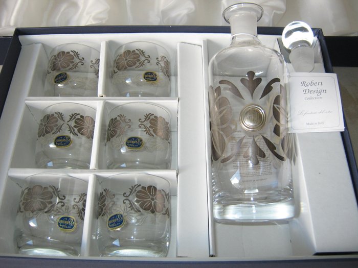 Robert design - Set di 6 bicchieri e bottiglia in cristallo Bohemia 24% lead cristallo, argento 925/1000 in scatola originale e certificato di garanzia