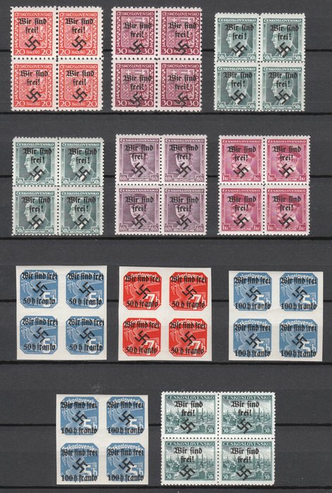 Sudetenland - Maffersdorf 1938 - postage stamps Czechoslovakia with overprint "Wir sind frei" ("We are free") and swastika in block of four - batch of 11 blocks of four