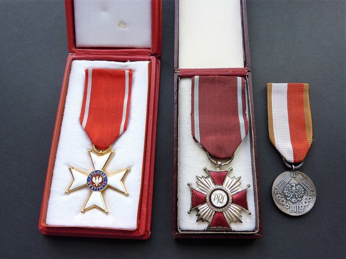 Set of 3 Medals, Order of Polonia Restituta 1944, SIlver Cross of Merit, Medal of the 40th Anniversary of People's Poland PRL