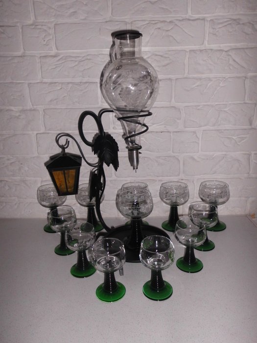 Beautiful German wine carafe with lantern, with six large and six small Moezel glasses, especially beautiful set!