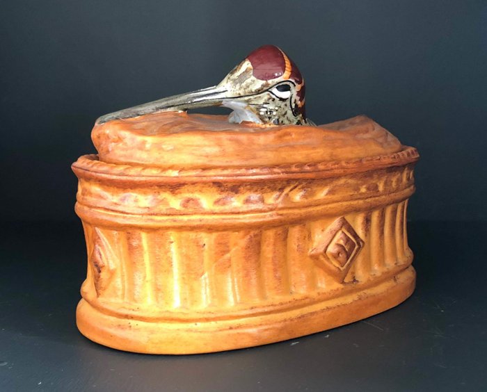 Exceptional and very rare antique French Pillivuyt game porcelain tureen/terrine with a woodcock head in the form of a paté en croute