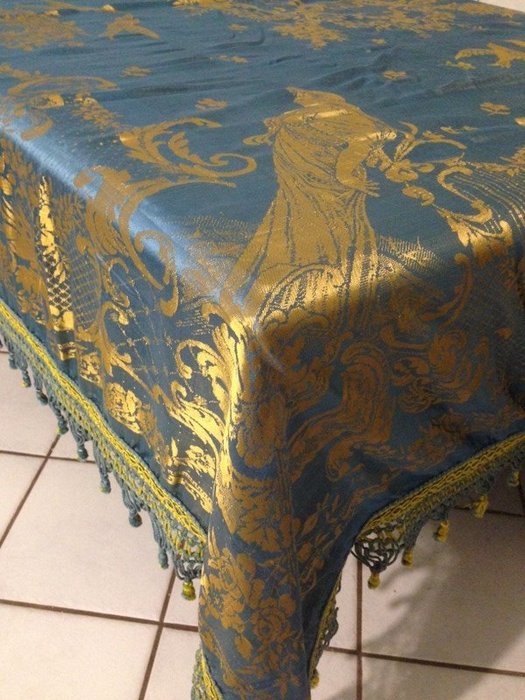 Italy - late 1800s - antique bedspread made of blue and gold Damask silk - signed: San Leucio