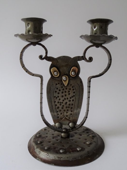 Hugo Berger (Goberg) - Art Deco metal candlestick with owl