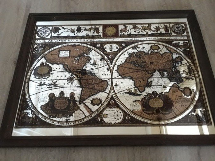 Large vintage mirror with globes with image after a map from 1651 in wooden frame