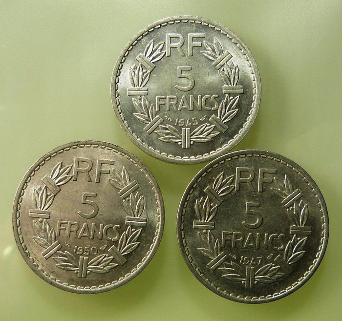France - 5 Francs 1945, 1947 and 1950 'Lavrillier' - aluminium