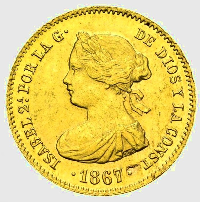 Hiszpania - 4 Escudo  Isabel II. Moneta 1867 -  Madrid.  - złoto