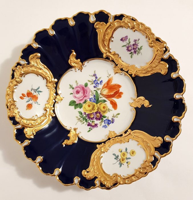 Ornate Meissen Porcelain Plate in Cobalt Blue, Germany 19th Century