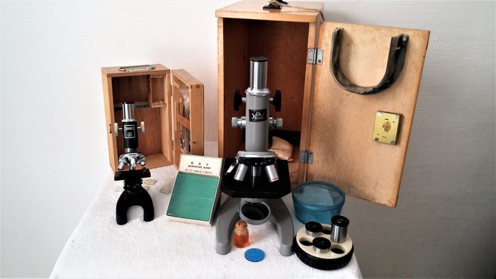 Viking and Sades microscopes in wooden box