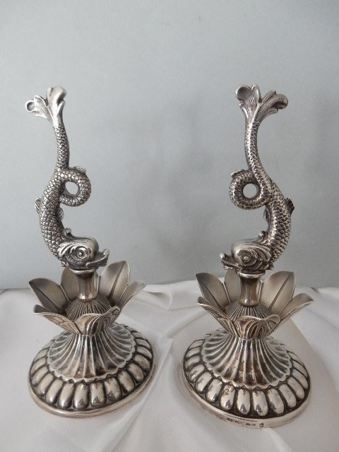 CHRISTOFLE FLEURON - beautiful pair of silver plated metal salt cellars decorated with dolphins - 20th century - France