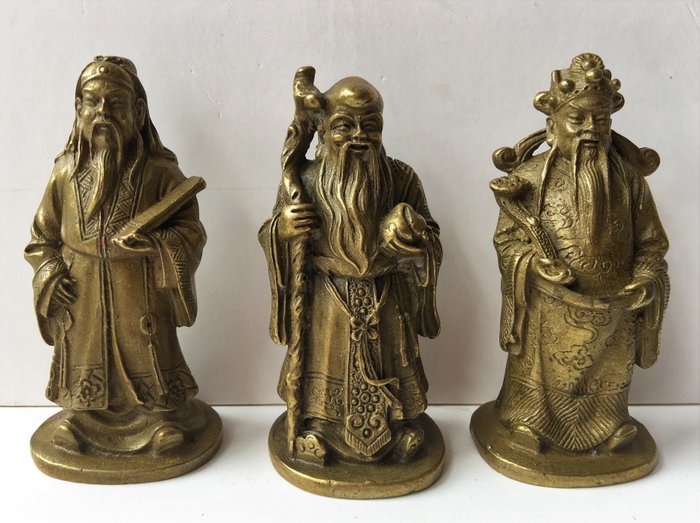 3 bronze detailed and high quality statues Fu Lu Shou, marked with a triangle - China - second half 20th century