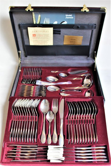 High quality 70 piece quality cutlery by the Nivella company, Solingen - "Jasmin" model - 23/24 karat partially hard gold plated - in a lockable leather case - mint condition