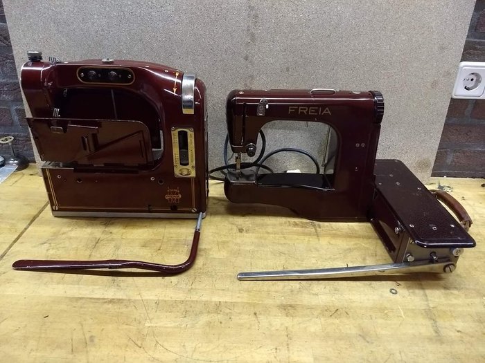 Two Fischer Mewa sewing machines: 'Freia' and 'KOMA', 1950s, from the former GDR.