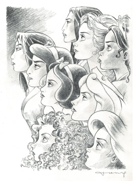 Disney Princesses "The Female Power" Original Pencil Drawing Tony