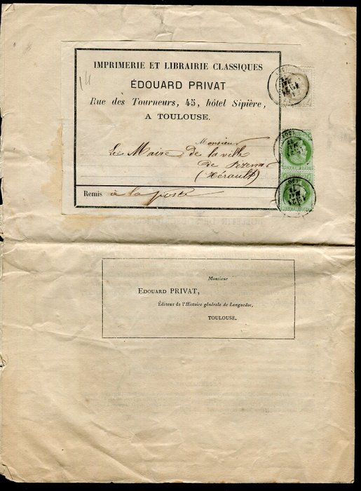 Francja 1873 - Rzadka książeczka wysłana z Tuluzy do Pézenas w 1873 roku, zawierająca jedną nr 52 i dwie nr 53