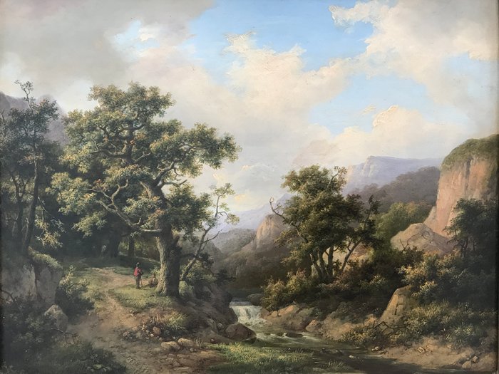 Marinus Adrianus Koekkoek (1807-1868) - Bosrijk berglandschap met figuren bij een beek