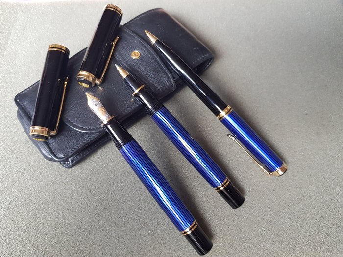 Pelikan 800 Souverän blue triple set set - fountain pen (18k solid gold nib), rollerball, and mechanical pencil - Original Pelikan leather cover
