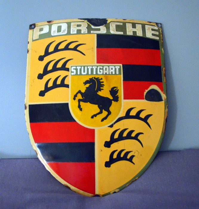 Original Porsche enamel sign, approx. 30 cm x 23 cm, 1950s, dealer sign, coat of arms, very rare, absolute rarity