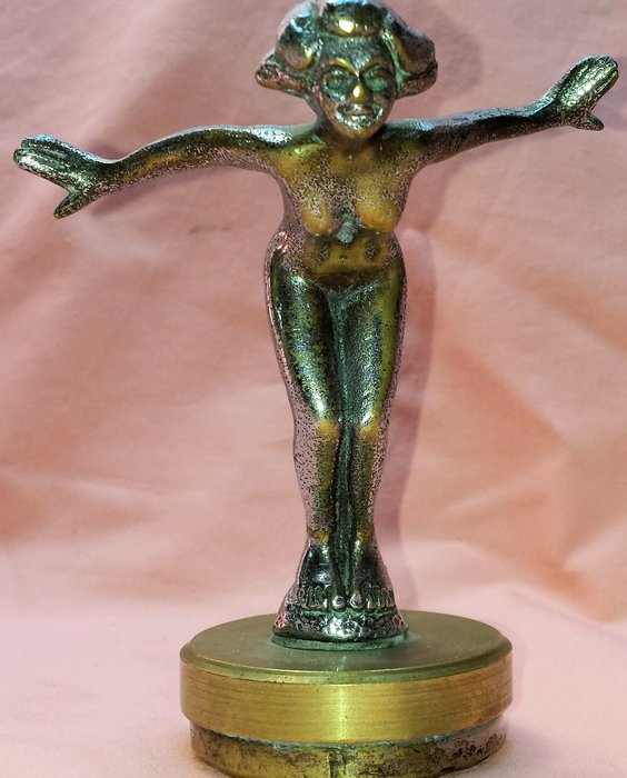 Topper Nymph art deco Lady with wings car hood ornament mascot 9" Frankart green 