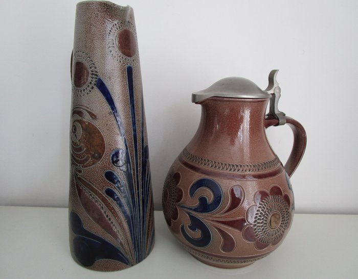 Goebel Merkelbach Manufaktur, HK Salzglasur - jug vase and wine jug with pewter lid