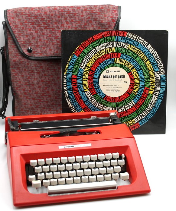 Olivetti red ‘College’ with original bag and educational Olivetti LP ‘Musiche per parole’