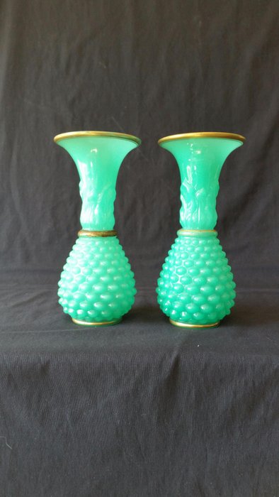 A pair of green opaline glass Baccarat vases, France, late 19th century