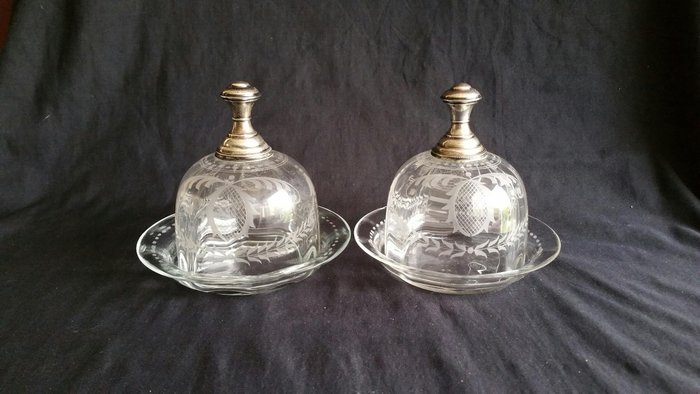 2 x Antique Glass Cloche / Bell Jar / Coupe / butter dish + silver handle | Etched Glass + Saucer | Dutch, Ca. 1900