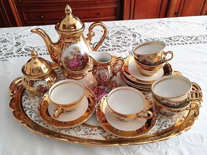 Beautiful French-style "Fragonard" complete coffee set  with Bavarian porcelain tray plated in 22 kt gold
