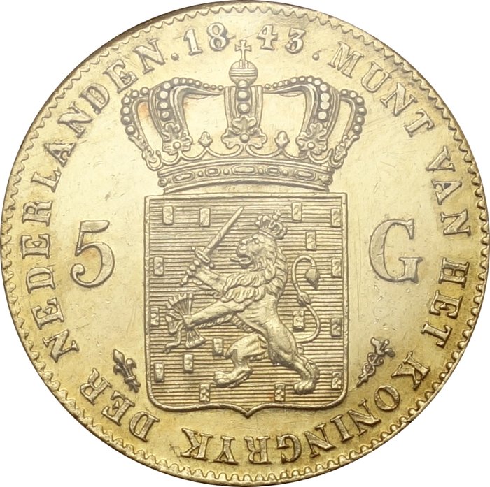 The Netherlands - 5 Guilders 1843 Willem II - gold
