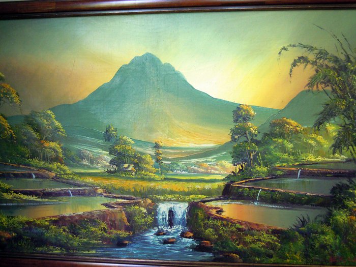 Painting of Indian landscape with rice fields and volcano - Indonesia - mid 20th century