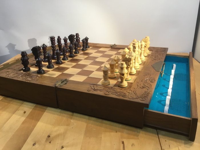 Vintage Hand Carved Wooden Chess Set, Antique Hand Carved Wooden Chess Set
