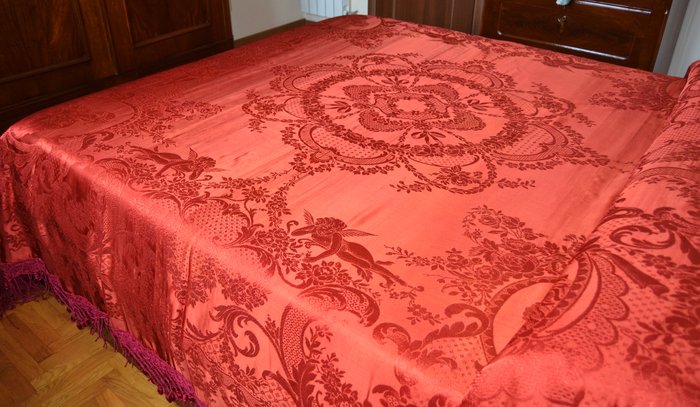 Antique double bedspread - silk and damask fabric - San Leucio craftsmanship - Italy - 1920