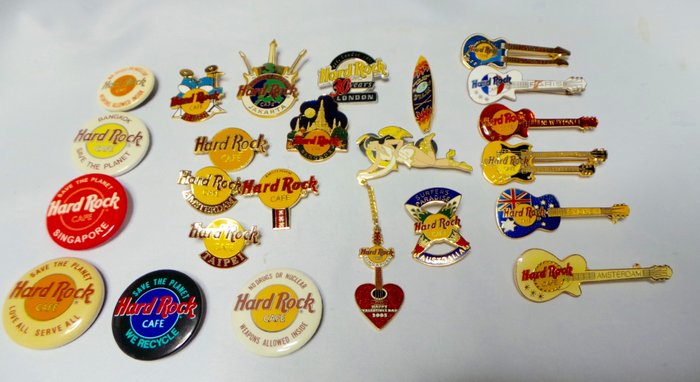 Collection with 23 Hard Rock Cafe pins and buttons - Catawiki