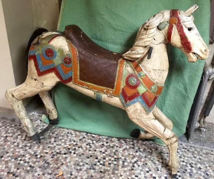 Original wooden carousel horse with copper ornaments and glass - the eyes in sulphide - the tail is made of genuine hair - late 19th century - presumably Limonaire Frères