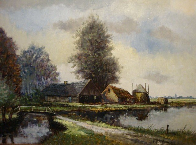 B.H.Slotman (Jack van der Put) 1939 - Boerderij met hooiberg in water landschap