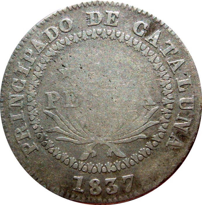 西班牙 - Isabel II (1833 - 1848) 1  Peseta 1837. Principado de Cataluña. .Ensayador P.S. Rara - 银