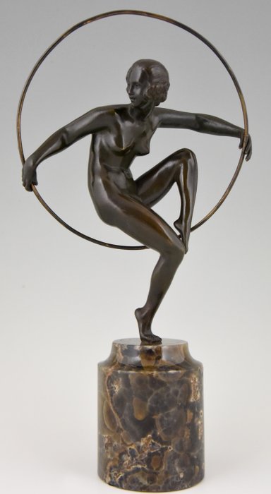 André Marcel Bouraine - Art Deco bronze sculpture of a dancer with hoop