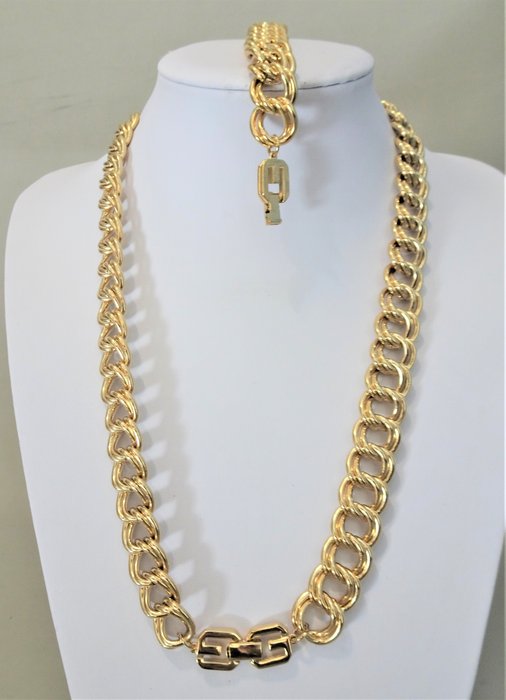Givenchy - Gold double link chain necklace + bracelet 80s - Vintage ...