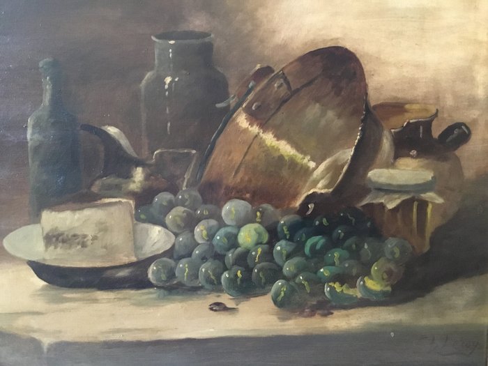 Charles Ferdinand Victor Leroy ( 1852 - 1907 ) - Stilleven met fruit, schaal, fles en kruik