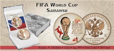 2018 Russia 3Rubles FIFA World Cup in Saransk 1oz Pink Gold Coin Silver