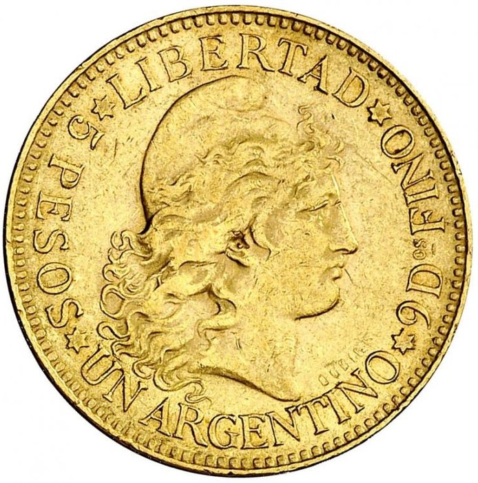 Argentinien - - 5 pesos de oro. (8,06 g, 22 mm). 1888.  República Argentina.
