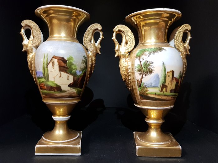 Pair of antique French polychrome porcelain vases with golden background