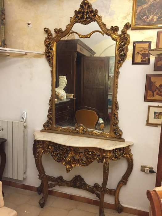 Beautiful console in gilt wood with framed mirror Good condition Marble top - Baroque - 20th century