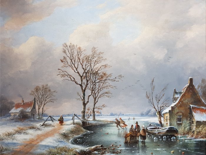 Gerardus Hendriks (1804-1859) - Winterlandschap met schaatsers en sledes