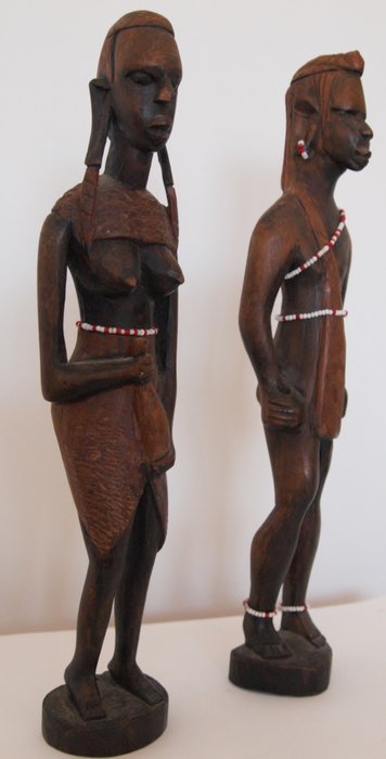 Grote Afrikaanse beelden van krijger en vrouw - houtsnijwerk - Afrika - Ghana - 32 cm - 2de helft 20e eeuw
