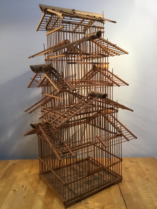 Decorative, large vintage bamboo bird cage (75 cm high) .