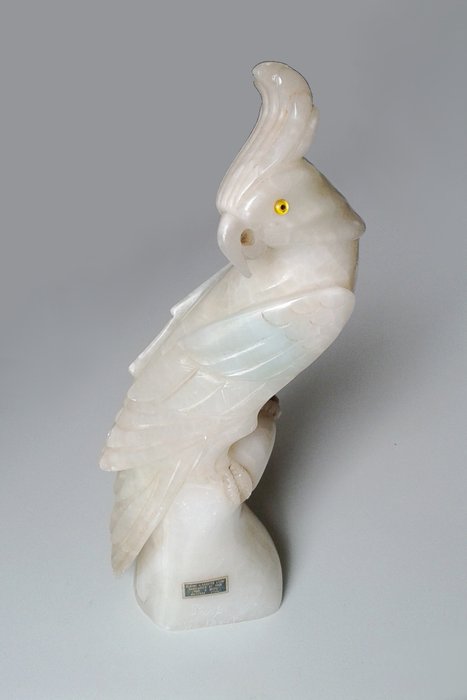 Parrot sculpture - fine Volterra alabaster - sculptor Studio Professor G. Besfi (aka Giuseppe Bessi) - Italy
